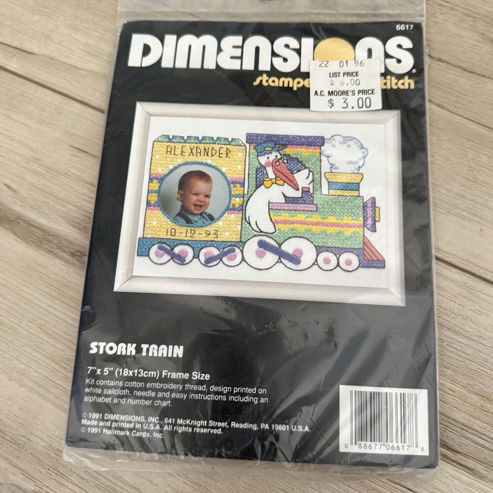Vtg 1991 Dimensions Stamped Cross Stitch Stork Train Kit 6617 New Baby 7"x5"